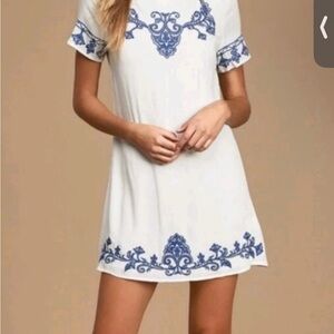 Lulu's White Tale to Tell Mini Embroidered Shift Dress White & Blue XS